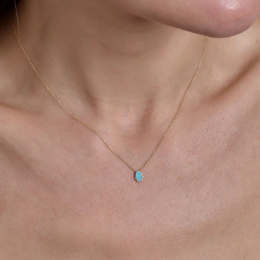 Tiny Turquoise Inlaid Hamsa Hand Necklace